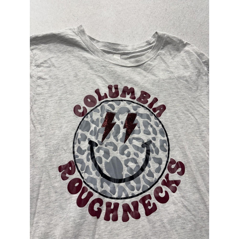 Shirt Womens Large Gray Columbia Roughnecks Smiley Face Leopard Graphic Tee